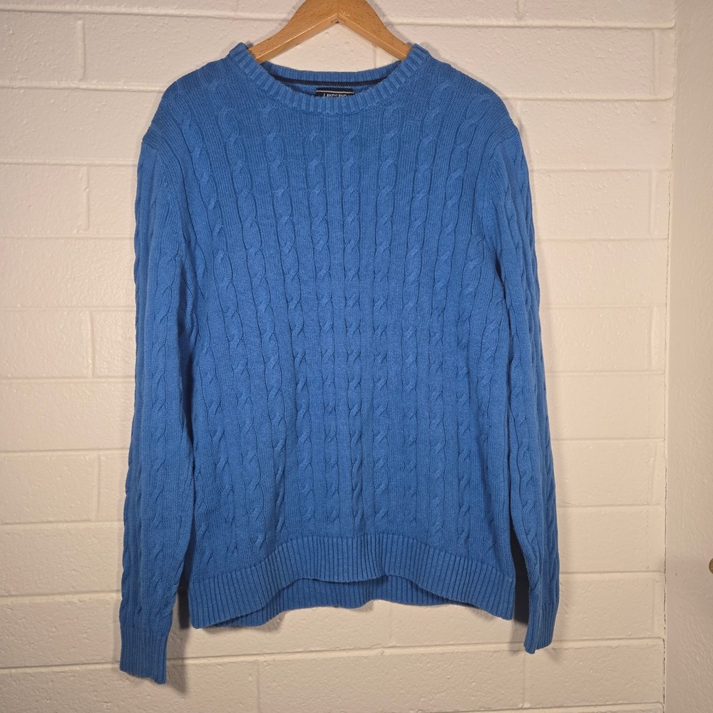 Lands' End‎ XLT Blue Cable Knit Pullover Sweater 100% Cotton Preppy Classic Tall